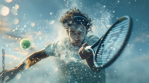 Tennis banner. Advertising Tennis player with racket, Energetic moment of impact on the tennis court. sport competition photo
