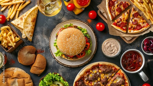 Top view of various fast foods on the table. Unhealthy fast food with sauces on wooden table. 