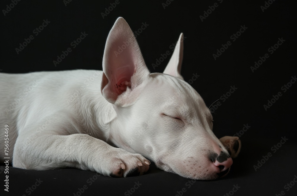 A serene and peaceful image of a sleeping white dog, symbolizing rest and tranquility in a simple composition