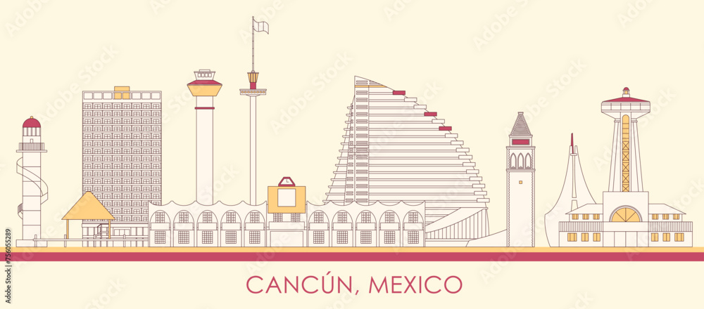 Cartoon Skyline panorama of city of Cancun, Mexico - vector illustration - obrazy, fototapety, plakaty 