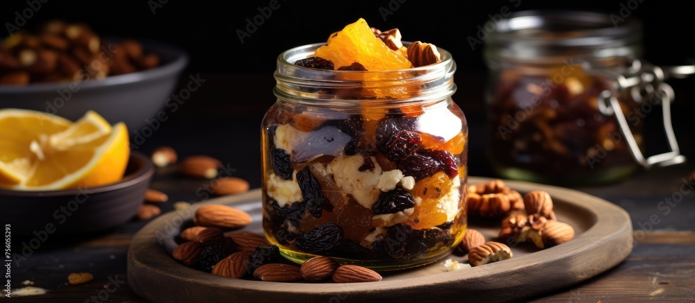 A jar filled with nuts and dried fruit is displayed on a wooden tray, perfect for snacking during an event or as an ingredient in a recipe