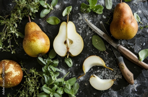 The image showcases ripe pears among fresh green herbs with a sharp knife on a rustic dark textured surface