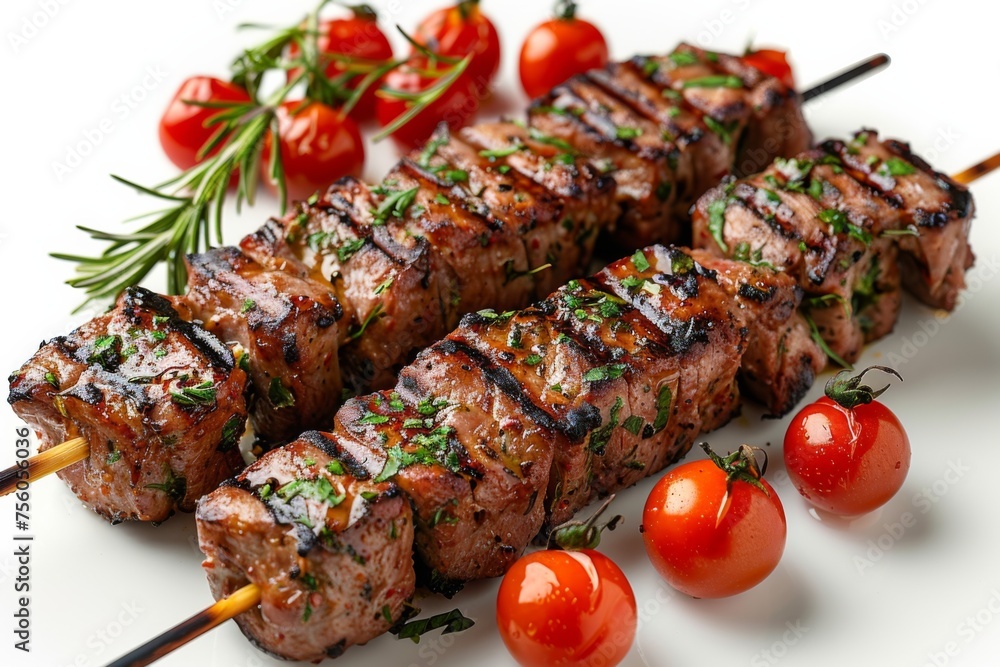 Juicy kebab on a skewer isolated on a white background.