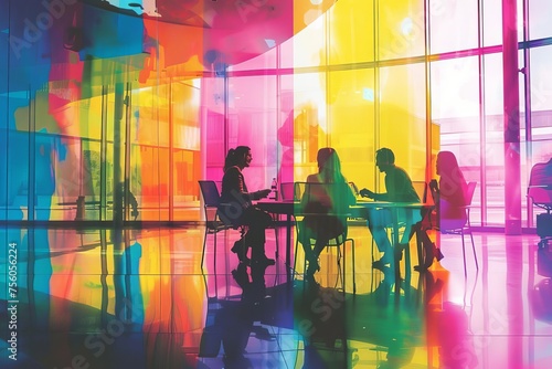 Colorful meeting room with silhouettes of people discussing creative ideas Symbolizing teamwork and collaboration