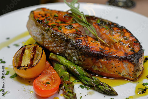 Grilled or fried salmon on white plate served with greens, tomatoes and asparagus.