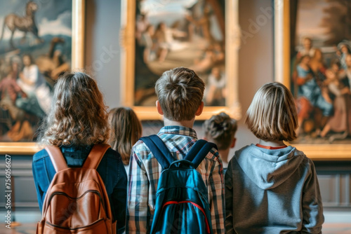 Group of school children looking at the gallery of art. Kids admiring of classical painting in art museum. photo