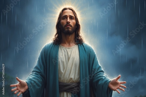 Portrait of Jesus Christ in the rain

