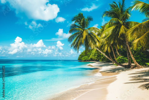 A Tropical Beach With Palm Trees and Clear Blue Water © bluebeat76