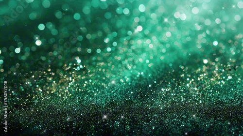 Video Animation of A luxurious tapestry of green glitter particles unfolds. Each particle is a beacon of opulence, shimmering with verdant hues that evoke a sense of lush sophistication. The dark, ele photo