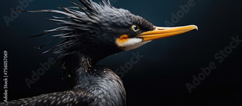 A close up of a perching bird with black feathers, a vibrant yellow beak, and wings extended against a dark background, possibly a seabird or water bird. A beautiful glimpse into wildlife photo