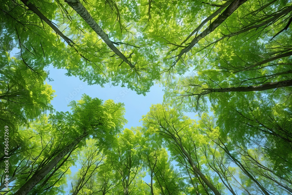 Obraz premium Looking upwards at the lush green canopy of a forest With the clear blue sky peaking through Capturing the tranquility and majesty of nature