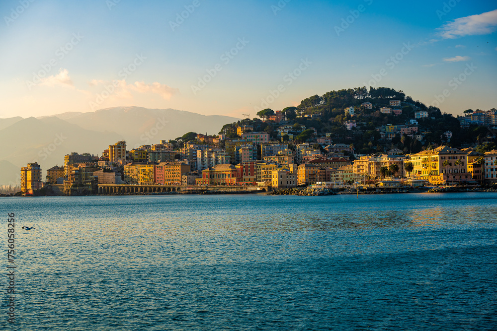 Golden Light on Pegli - Coastal Townscape at Dusk, Genoa, Italy