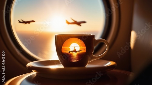 a mug with coffee against the background of a porthole on an airplane, outside the window there is a sea with an airplane in the sky, the concept of rest, vacation, free time