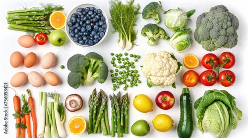 Top view, organised background with fruit and vegetables including apples, broccoli, blueberries, carrots, tomatoes, cabbage, mushrooms, eggs on white background
