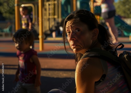A woman with a backpack stands in front of a playground, looking contemplative and ready for a new journey ahead.