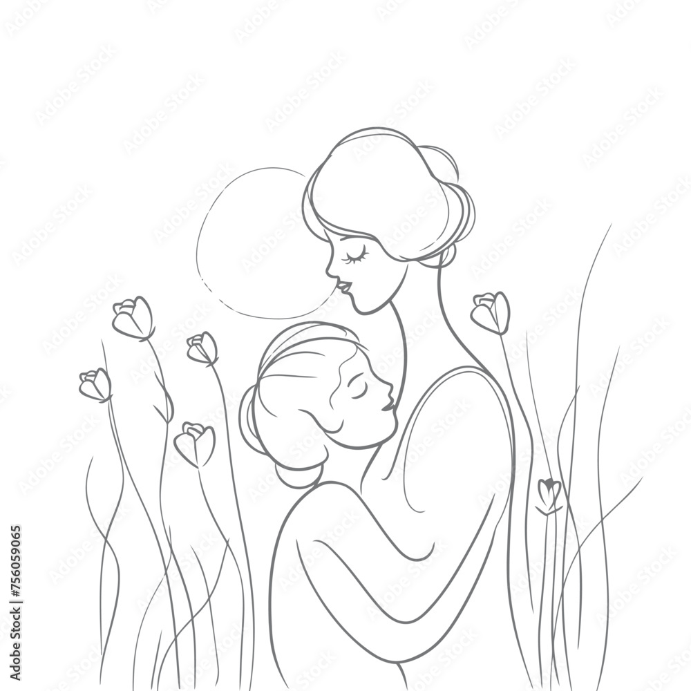 Hand drawn line art of mother and kid in flowers background Hand drawn line art of mother and kid in flowers background