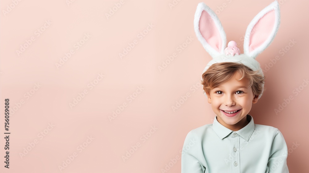 boy with bunny ears smiling 