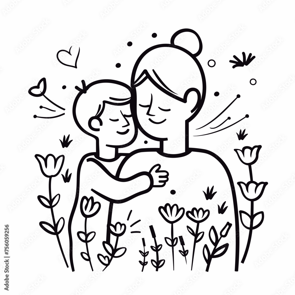 Fototapeta premium Hand drawn line art of mother and kid in flowers background