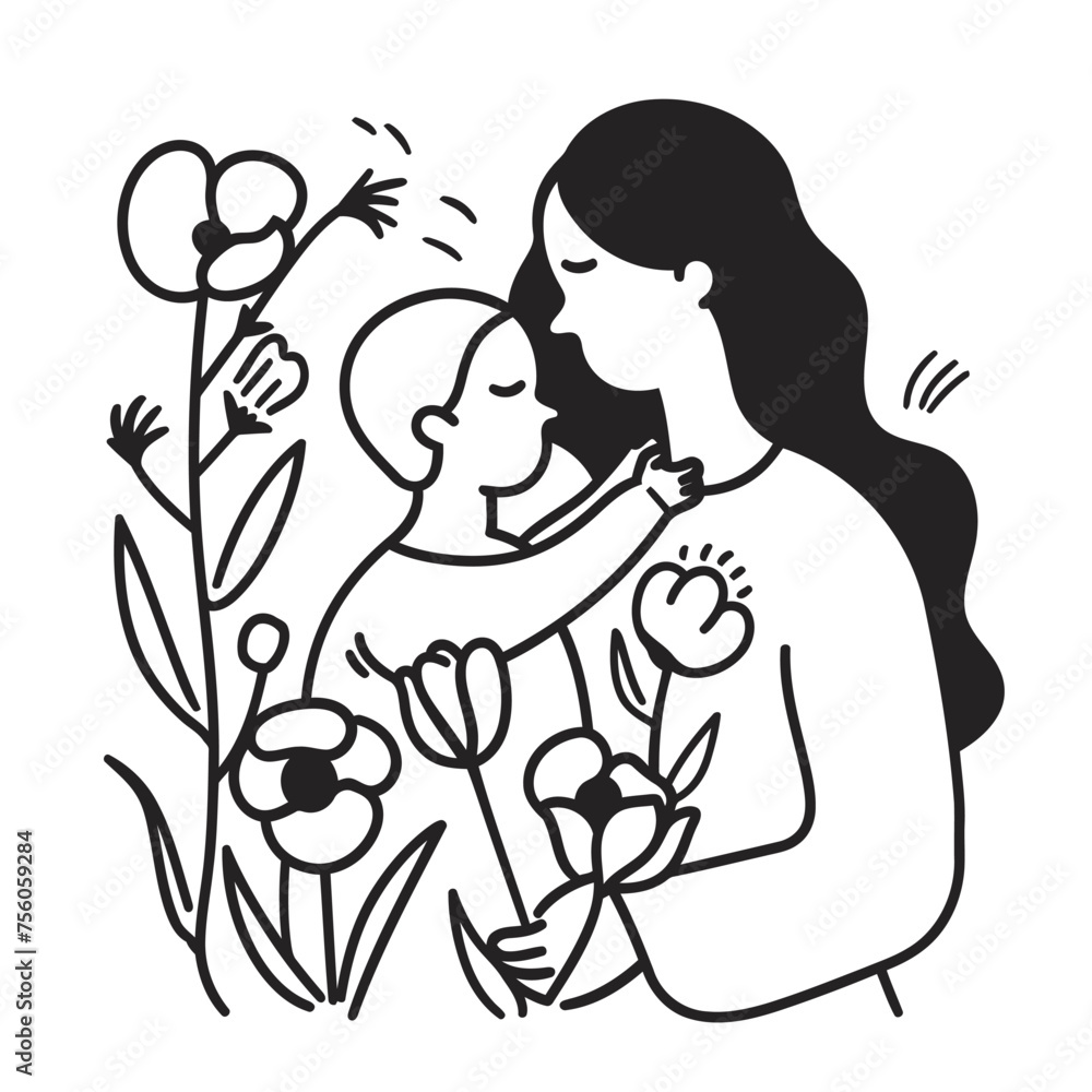 Hand drawn line art of mother and kid in flowers background Hand drawn line art of mother and kid in flowers background