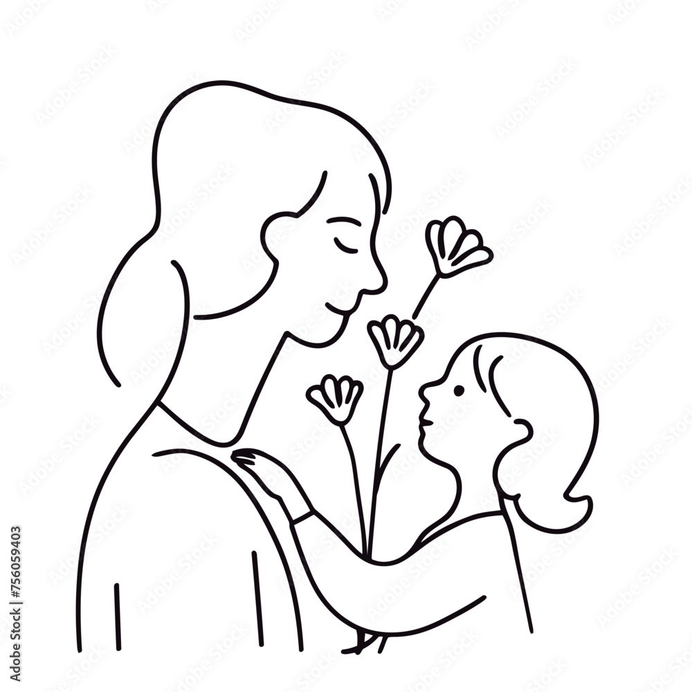 Hand drawn line art of mother and kid in flowers background Hand drawn line art of mother and kid in flowers background