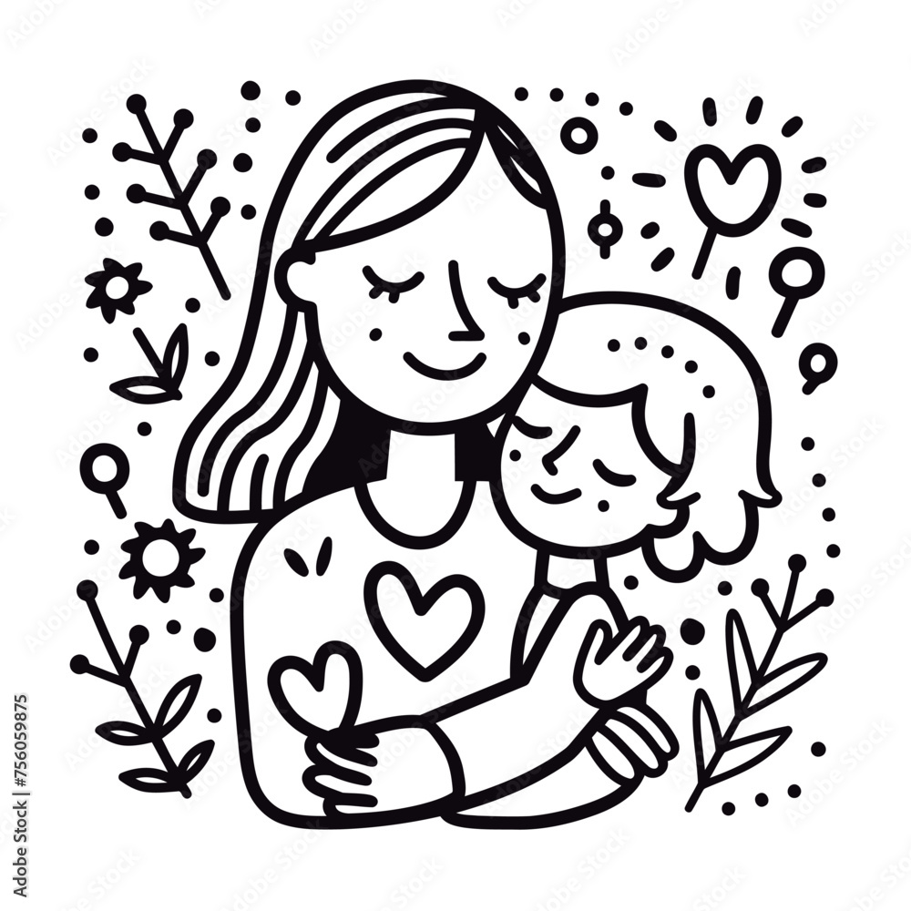 Hand drawn line art of mother and kid in flowers background