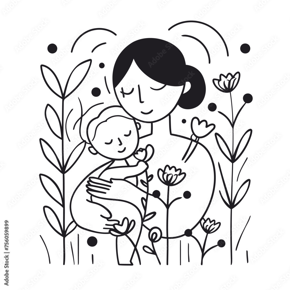 Hand drawn line art of mother and kid in flowers background Hand drawn line art of mother and kid in flowers background