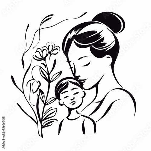 Hand drawn line art of mother and kid in flowers background