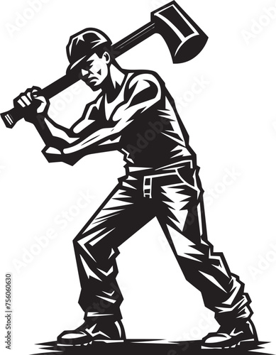 Blueprint Basher Construction Worker with Hammer Icon Hard Hat Hero Vector Logo of a Hammer Wielding Worker photo