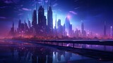Cyber Metropolis: Abstract Futuristic Cityscape with Neon-Lit Skyscrapers, Digital Circuitry, and Modern Tech Vibes in Deep Purples and Cyberpunk Blues