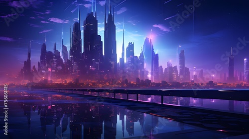 Cyber Metropolis: Abstract Futuristic Cityscape with Neon-Lit Skyscrapers, Digital Circuitry, and Modern Tech Vibes in Deep Purples and Cyberpunk Blues