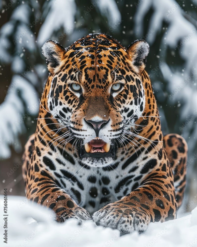 Impressive Leopard feline big cat in the snow illustration made with Generative AI Impressive Leopard feline big cat in the snow illustration made with Generative AI