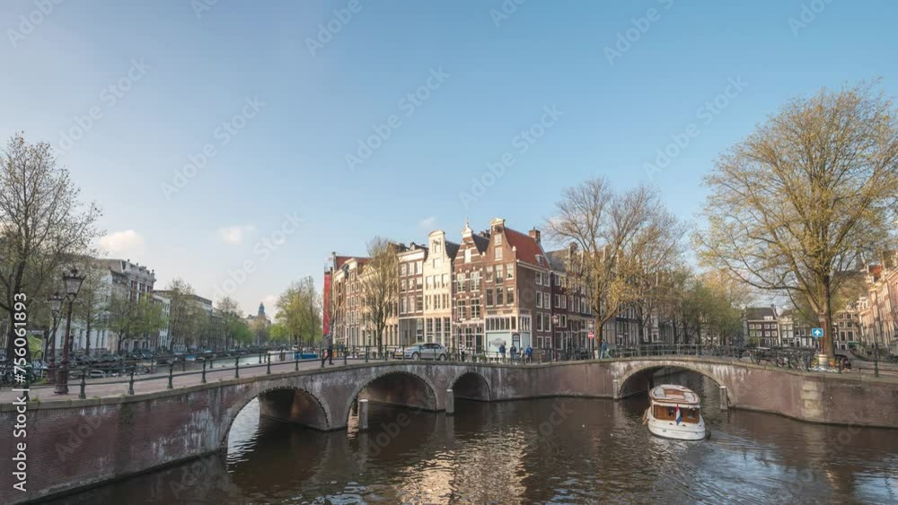 Amsterdam Netherlands time lapse, city skyline at canal waterfront Amsterdam Netherlands time lapse, city skyline at canal waterfront
