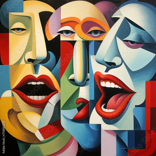 Colorful cubist faces with a variety of expressions