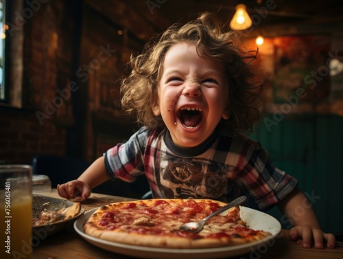 A little boy with a big smile and a plate of pizza. Generative AI.