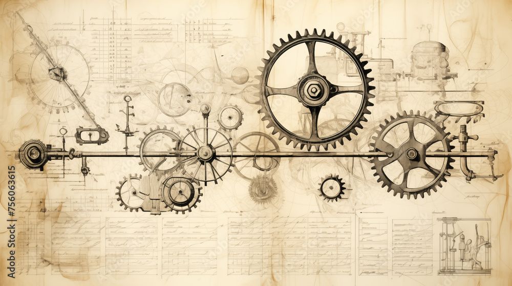 Obraz premium Antique-Styled Mechanical Gears Drafting Illustration