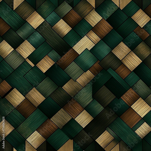  A seamless pattern with tapestry-like geometric squares, their surfaces adorned in dark green and beige stripes, creating an elegant texture, 1:1.