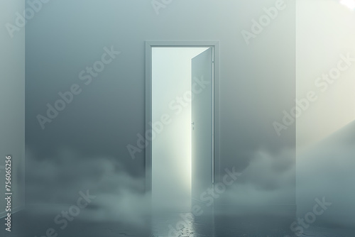 White door in abstract space. White door in anm unreal  abstract space with volumetric light and fog.