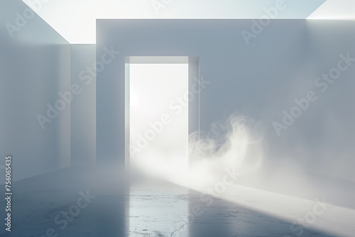 White door in abstract space. White door in anm unreal, abstract space with volumetric light and fog. photo