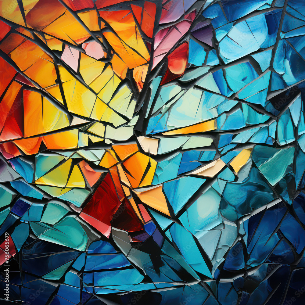 Abstract design of glass shards radiating in a warm to cool color spectrum Abstract design of glass shards radiating in a warm to cool color spectrum