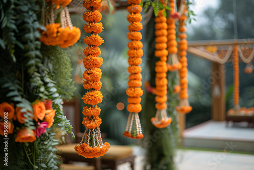 Traditional Indian floral garland toran made of marigold or zendu flower decorated temple or home. Happy Diwali festival, Pongal or Gudi Padwa. Decoration for Indian hindu holidays, wedding photo