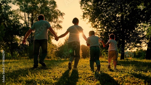 Family Dad, mother, child, son run together. Happy family, holding hands, runs towards sun, has fun in city park, sunset. Slow motion. Family holiday concept. Happy childhood, freedom people play