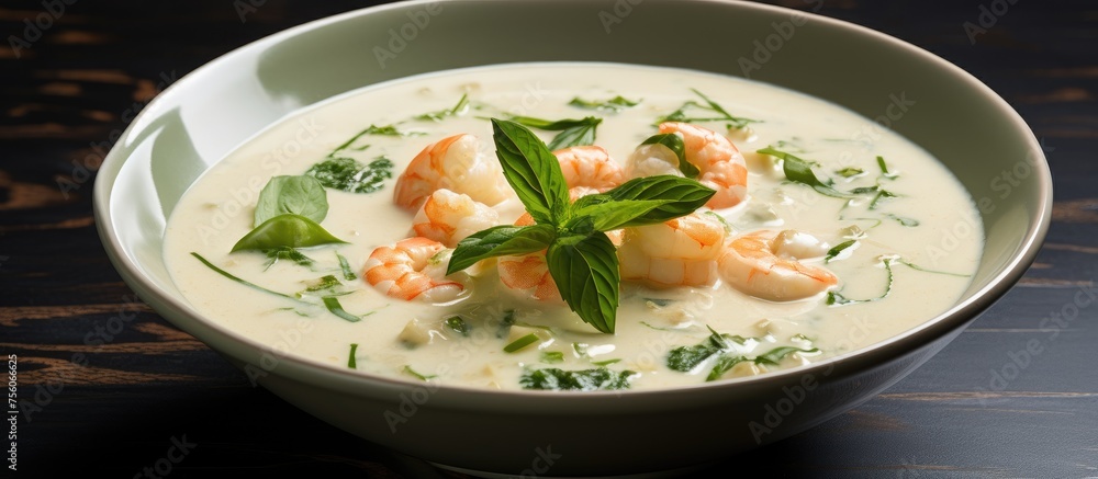 A delicious bowl of shrimp soup garnished with fresh mint leaves, served on a table with elegant dishware and tableware