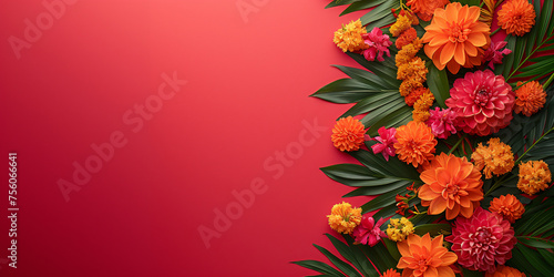 Traditional Indian floral garland toran made of marigold flowers and mango leaves on bright pink background. Happy Diwali festival, Pongal or Gudi Padwa. Decoration for Indian hindu holidays, wedding #756066641