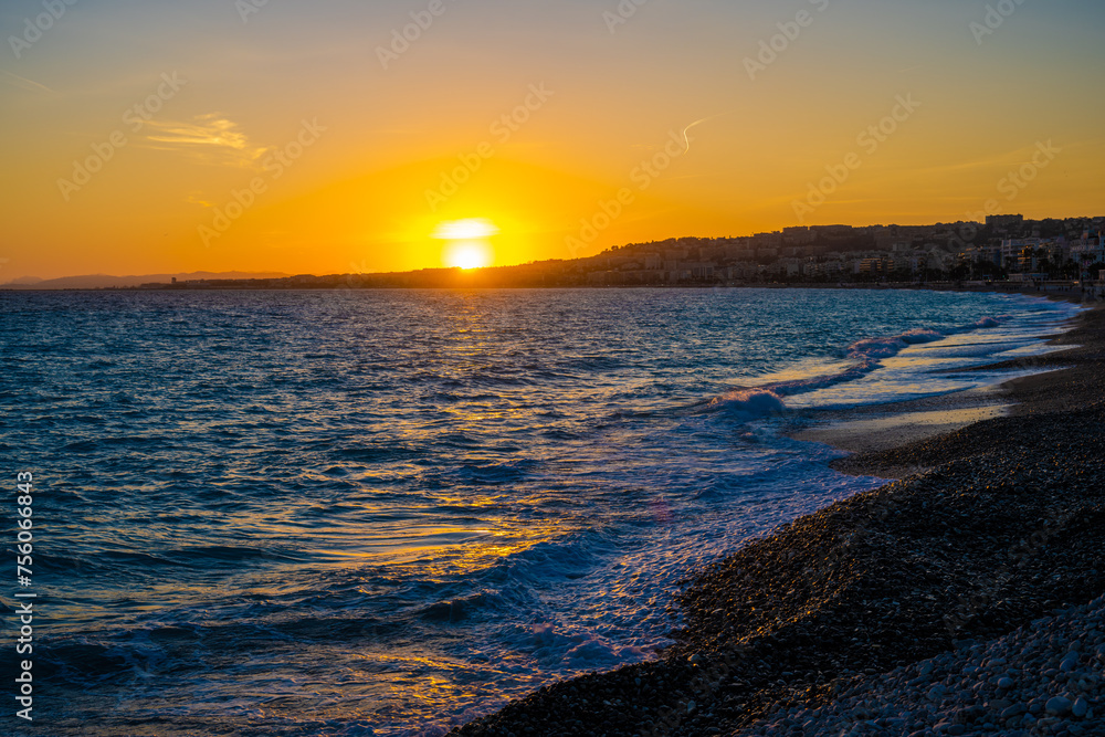 Sunset Glow on the Pebble Beach of Nice, France