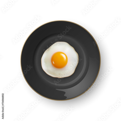 Vector 3d Realistic Fried Egg on a Black Dish Plate Closeup Isolated in Top View. Design Template of Scrambled Eggs, Fried Egg, Omelette. Delicious Breakfast, Food, Culinary Concept