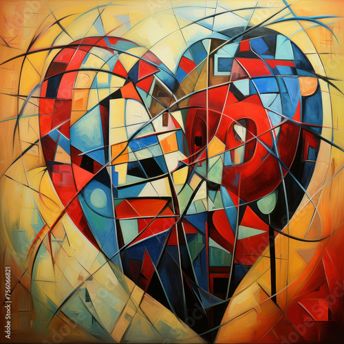 Abstract painting blending cubism with the emotive symbol of a heart