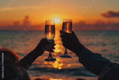 Concept of love, dating, celebration, insurance and pension plans for retirement. Dedicated, retired senior, mature, elderly couple enjoying a sunset with two champaigne glasses. 