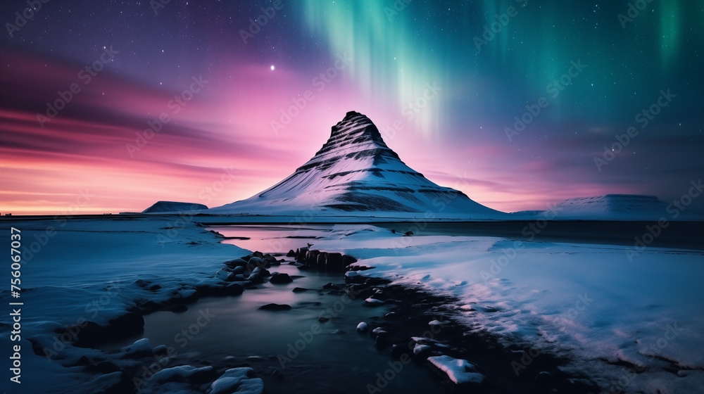 Aurora Borealis Over Kirkjufell Mountain in Winter, Iceland
