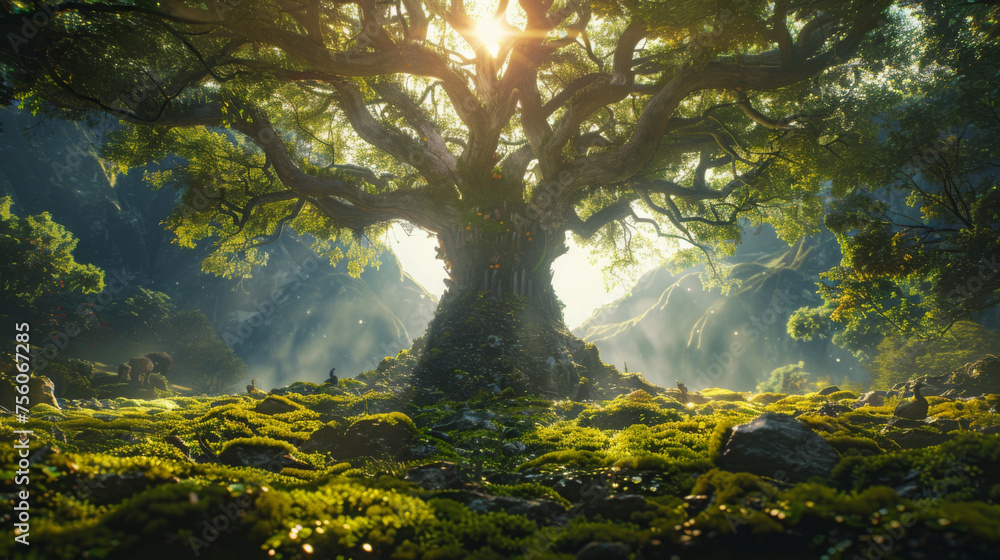 A majestic ancient tree bathes in the sun's rays, surrounded by a lush, green forest clearing with a mystical feel. - obrazy, fototapety, plakaty 