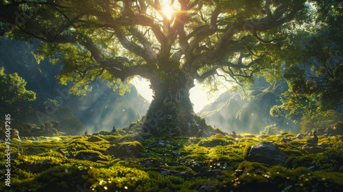 A majestic ancient tree bathes in the sun's rays, surrounded by a lush, green forest clearing with a mystical feel.